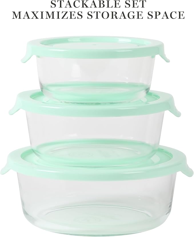 Martha Stewart Hadsell 6 Piece 32.1 oz, 22 oz, 13.5 oz Round Borosilicate Glass Storage Container Set w/PP Pop Martha Blue Lids