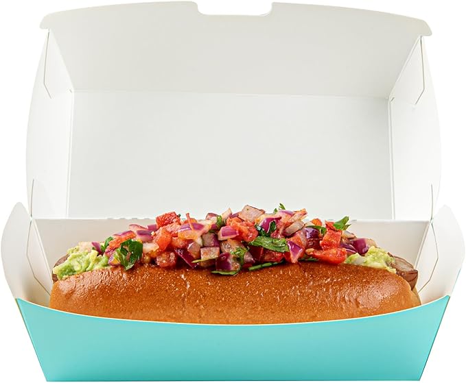 Restaurantware Bio Tek 6.7 x 3.5 x 3.5 Inch Clamshell Food Containers 100 Disposable Sandwich Containers - Hinged Lid Tab-Lock Closure Turquoise Paper Hot Dog Containers Durable Greaseproof