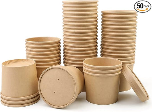12 oz 50 Pack Paper Soup, Foods or Ice Cream Containers with Lids, Disposable Paper Food Cups, Soup Storage, Ice Cream Cups, Great For Restaurants or To-Go Lunch
