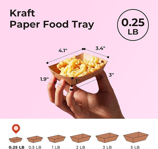Fit Meal Prep [250 Pack 0.25 lb Paper Food Boats Heavy Duty Disposable Food Trays, Kraft Brown Nacho Tray for Parties Fairs Picnics Carnivals, Holds Sause Candies Nut Grease Resistant