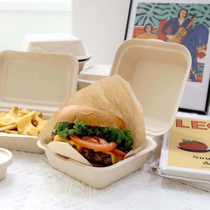 Clamshell Kraft To Go Containers - (50 Pack) 6" X 6" Food Take Out Bagasse Fiber Pulp Compostable Disposable Boxes With Lids For Burger Salad Sandwich Steak Parties