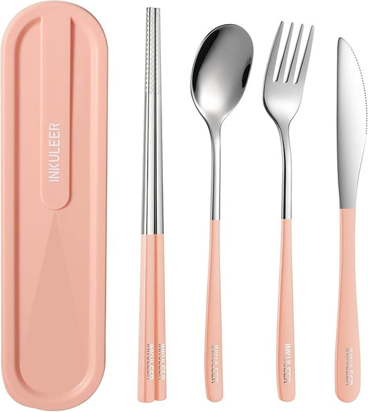 Travel cutlery set, 18/8 stainless steel cutlery, Reusable utensils set with case, Portable Silverware Lunch Box for Camping and Office