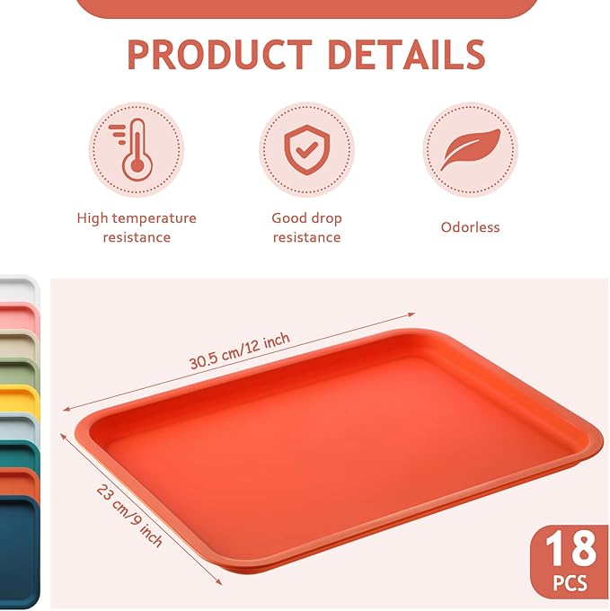 18 Pcs Plastic Fast Food Trays Bulk Colorful Restaurant Serving Cafeteria Grill School Lunch Trays Rectangular Serving Platter for Kitchen Hotel Restaurant, 9 Colors (9 x 12 Inch)