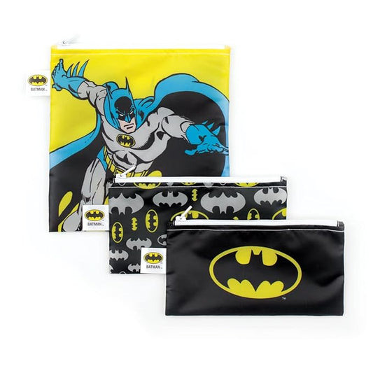 Bumkins Reusable Sandwich and Snack Bags, for Kids School Lunch and for Adults Portion, Washable Fabric, Waterproof Cloth Zip Bag, Travel Pouch, Food-Safe, 3-pk Batman DC Comics