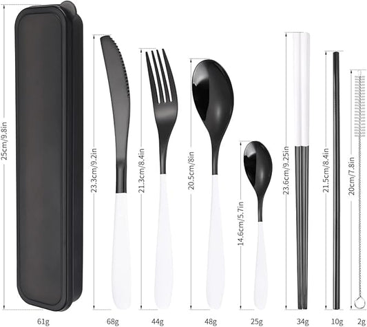 AARAINBOW 7 Pieces 18/8 Stainless Steel Flatware Set Portable Reusable Cutlery Set Travel Utensils Set Including Chopsticks Knife Fork Spoon Straws Cleaning Brush Dishwasher Safe (Y-Black white)
