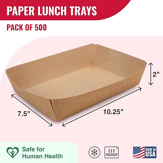 IDL Packaging 10.25" x 7.5" x 2" Kraft Paper Lunch Tray (Pack of 500) - Poly Coated for Extra Moisture Resistance - Recyclable - Serving Tray for Fries, Burgers, and Appetizers - Proudly Made in USA