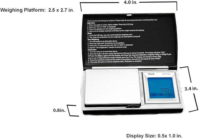 American Weigh Scales BT2 Series Digital Gram Pocket Weight Scale, Stainless-Steel Surface, Backlit LCDBlack, 200 X 0.01G