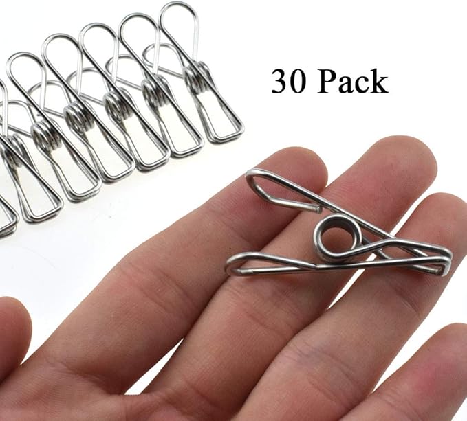 HAHIYO Clothespins Chip Clips All Metal Stainless Steel No Rust Stains Strong Grip in Heavy Wind 1.7 Inches 30 Pack Small Do Not Fall Apart Open Wide for Holding Clothes Snack Bag Clamps