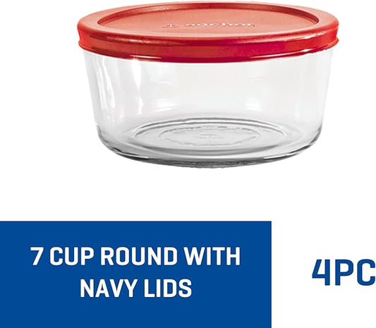 Anchor Hocking SnugFitTM Round Food Storage Containers with Lids (4-Piece, 7-cup, Red, oven-safe)