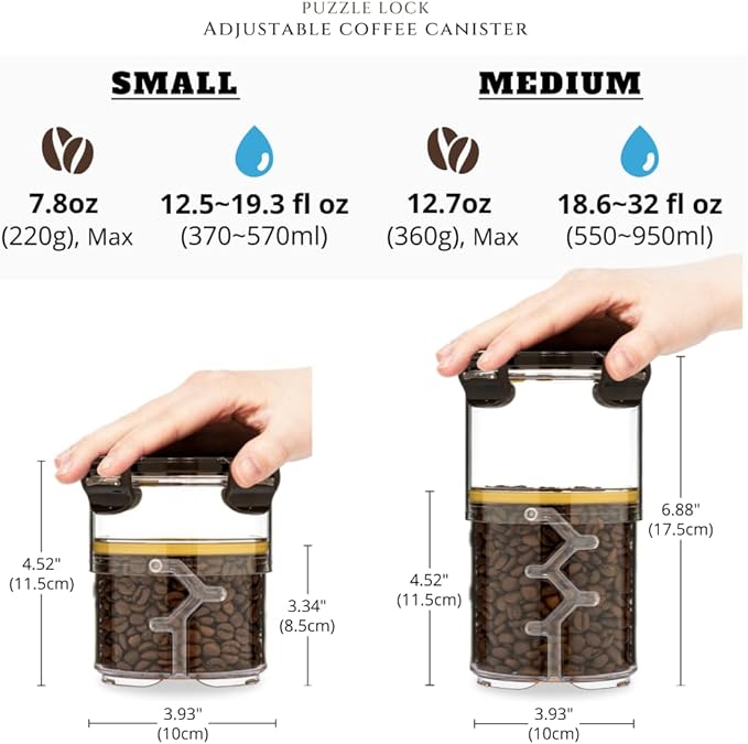 Size Adjustable Coffee Canister - Airtight Storage Container for Coffee Beans and Grounds, Tea, Spice (Medium)