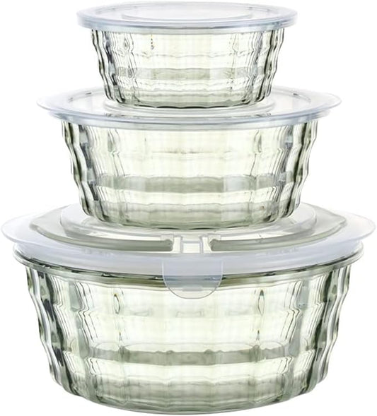 Taiuloo Set of 3 Salad Bowls with Lids, Food Storage Bowls with Lids & Handles, Kitchen Meal Prep Nesting Bowls for Lunch, BPA Free Food Storage Containers, Plastic Salad Serving Bowl Set, Green