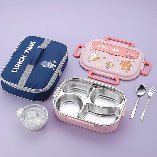 Bento Box for Kids/Adults, 304 Stainless Steel insulated 4 Compartments lunch box with Soup Bowl, Thermal Bag, Spoon and Fork, Leak-Proof, Microwavable, 5 Colors (Pink)