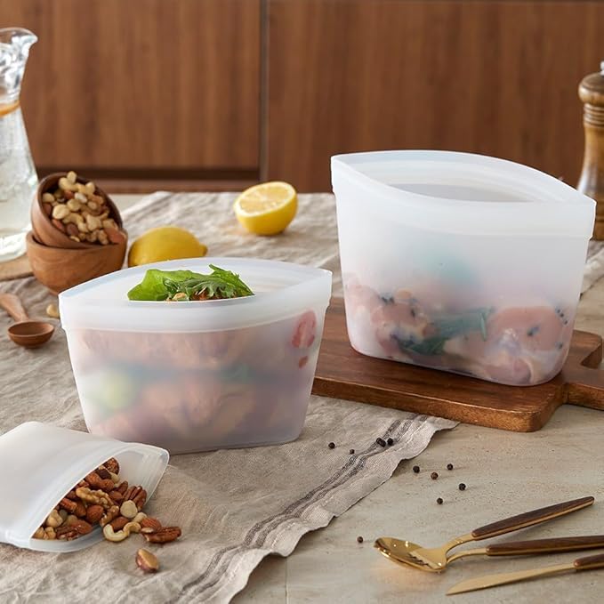 Reusable Silicone Food Storage Bags - 100% Food Grade BPA-Free, Freezer/Microwave/Dishwasher Safe | Stand-Up Zip Closure, Leakproof Eco-Friendly Meal Prep Containers (3 Pack Stand-up & 2 Pack Flat)