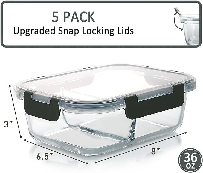 M MCIRCO [5-Pack,36 Oz] Glass Meal Prep Containers 2 Compartments Portion Control with Upgraded Snap Locking Lids Glass Food Storage Containers, Microwave, Oven, Freezer and Dishwasher (4.5 Cups)