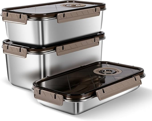 Large Food Containers with Lids Meal Prep Container Airtight Pantry Kitchen Storage Containers Set Reusable Stainless Steel Bowl for Home, Travel, Work, Party, Leftovers (203OZ+128OZ+74OZ)