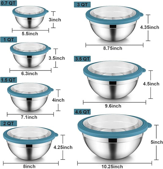 E-far Mixing Bowls Set of 7, Stainless Steel Mixing Bowls with Airtight Clear Lids, Metal Nesting Bowls for Kitchen Prep, Baking, Serving, Dishwasher Safe, Size 4.6, 3.5, 3, 2, 1.5, 1, 0.7QT, Blue