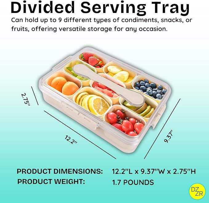 9 Compartment Snack Box Container (Set of 2) – Snack Tray with Lid, Vegetable Tray, Charcuterie Container, Multipurpose Food Storage for Snacks, Vegetables, Fruits, and More