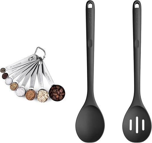 18/8 Stainless Steel Measuring Spoons Set for Dry and Liquid Ingredients (Set of 8), and 600℉ Heat Proof Long Non-Scratch Silicone Solid & Slotted Set of 2 Cooking Spoon for Mixing (Black)