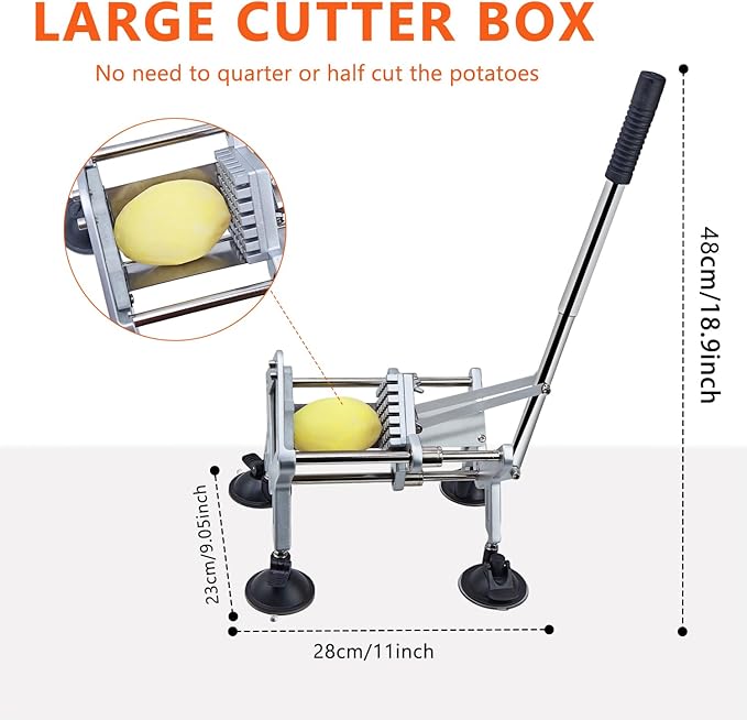 French Fry Cutter, Professional Potato Cutter Slicer with 1/2 &3/8In Stainless Steel Blades, Upgraded Suction Cups for Whole Potatoes Carrots Cucumbers