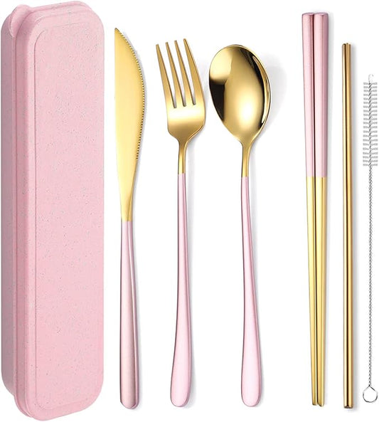 AARAINBOW 6 Pieces 18/8 Stainless Steel Flatware Set Portable Reusable Cutlery Set Travel Utensils Set Including Chopsticks Knife Fork Spoon Straws Cleaning Brush Dishwasher Safe (Pink golden)