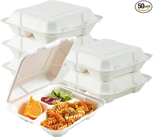 ECOLipak 50 Pack Clamshell Take Out Food Containers, 100% Compostable Disposable To Go Containers, 8X8 inch 3-Compartment Heavy-Duty To Go Boxes