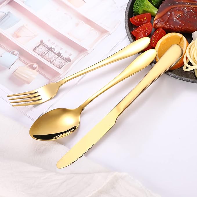 Portable Utensils Set with Case,Reusable Office Flatware Set,Healthy Travel Cutlery Set 3 PCs Stainless Steel Fork, Spoon,Knife Cutlery Ideal for Travel, Lunch Box and Camping (Gold-3PCs)