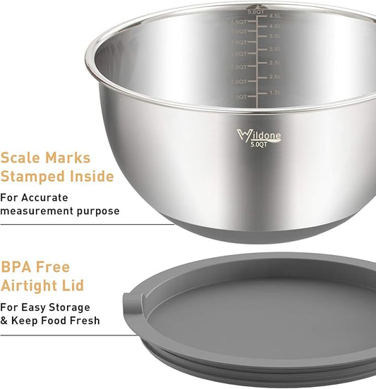 Wildone Mixing Bowls with Lids Set, 5PCS Stainless Steel Grey Nesting Bowls with 3 Grater Attachments, Measurement Marks & Non-Slip Bottoms, Size 5, 3, 2, 1.5, 0.63 QT, Great for Mixing & Serving