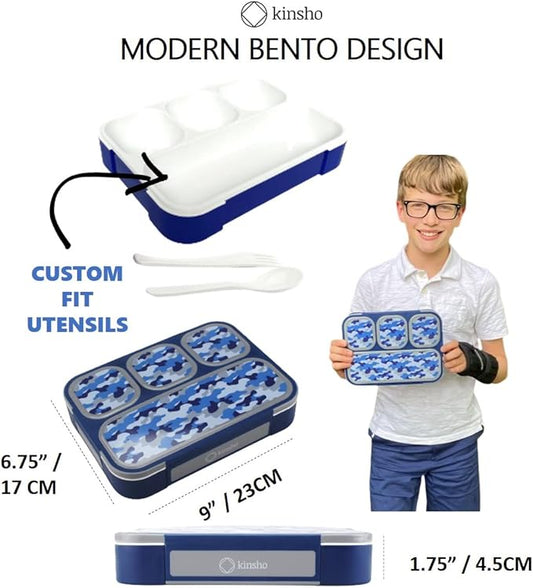 kinsho Camo Lunch-Box for Boys, Bento Box for Kids | Portion Containers for Snacks or School Lunches, BPA Free Boxes Meal Containers Loncheras Para Niños | Blue Camouflage 4 Compartments