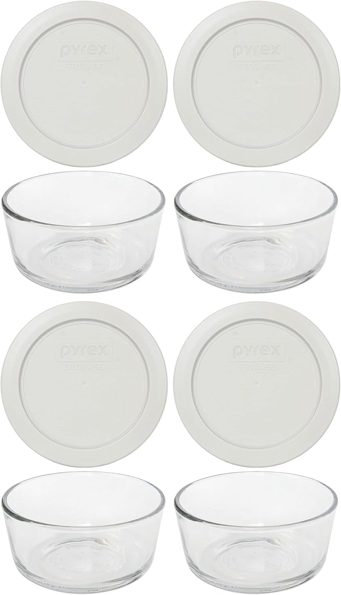 Pyrex (4 7200 Glass Bowls & (4) 7200-PC Sleek Silver Lids Made in the USA