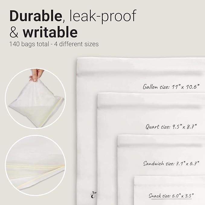 Compostable Zip Bags 140-Pack | Multi-Size Biodegradable Food Storage Bags | PLA PBAT Eco-Friendly | Certified Sustainable Kitchen Storage | Zero Waste