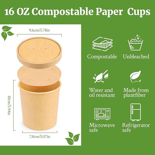 16 Oz Compostable Paper Bowls 25 Pack Biodegradable Disposable Heavy Duty To Go Bowls for Cold & Hot Food