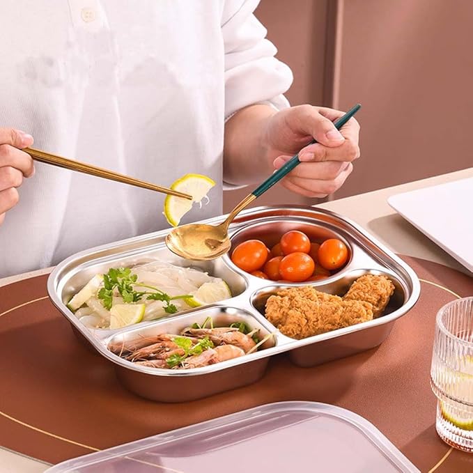 2 Pack Stainless Steel Rectangular Divided Plates Tray,4 Sections Dinner Plates for Adults,Picky Eaters,Campers,Diet Food Portion Control lunch tray