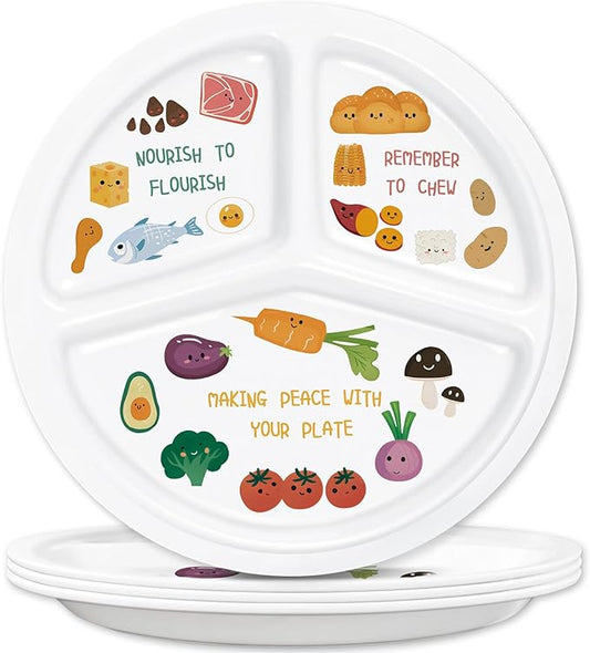 10 Inch Portion Control Bariatric Plate - Divided Melamine Plate with Cute Healthy Eating Icons and Motivational Message for Balanced Meals (4 Pack)