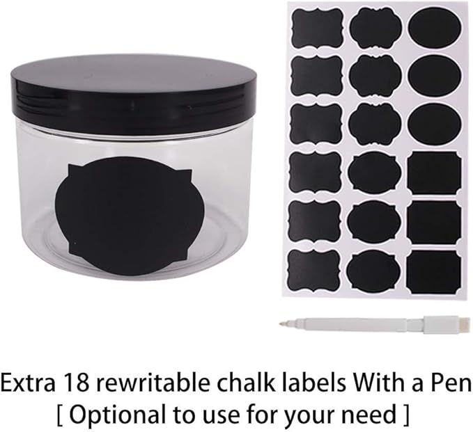 12 Pack 8 OZ Clear Plastic Jars With Black Lids, A Spatula, A Pen & Labels - BPA Free PET Container for Cosmetics, Cream, Bathroom, Kitchen & Travel Plastic Slime Storage Jars