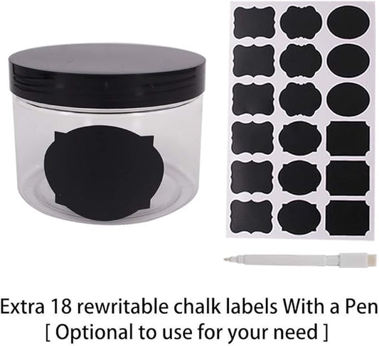 12 Pack 8 OZ Clear Plastic Jars With Black Lids, A Spatula, A Pen & Labels - BPA Free PET Container for Cosmetics, Cream, Bathroom, Kitchen & Travel Plastic Slime Storage Jars