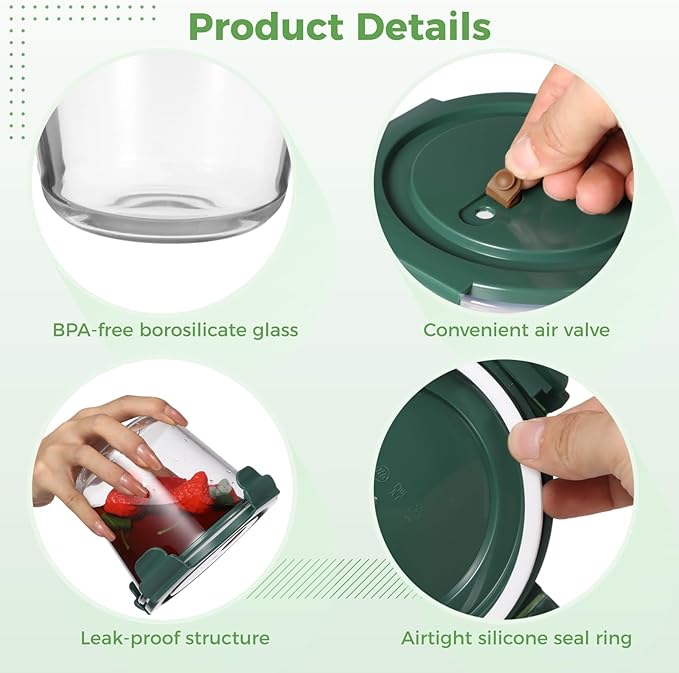 4 Pack Round Glass Meal Prep Containers with Airtight Lids, Leak-proof Storage Containers Set, Reusable Glass Soup Containers Overnight Oats Containers for Leftover, Fruit, Microwave & Freezer Safe