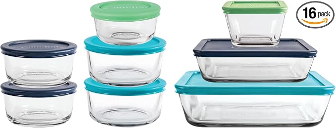 Anchor Hocking 16 Piece Glass Storage Containers with Lids (8 Glass Food Storage Containers & 8 Mixed Blue SnugFit Lids)