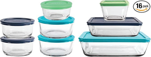 Anchor Hocking 16 Piece Glass Storage Containers with Lids (8 Glass Food Storage Containers & 8 Mixed Blue SnugFit Lids)