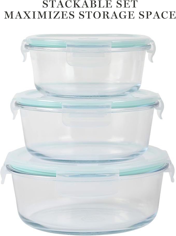 Martha Stewart Lamoine 6 Piece 44 oz, 32 oz, 22 oz Round Storage Borosilicate Glass Container Set w/PP Snap Martha Blue Lids