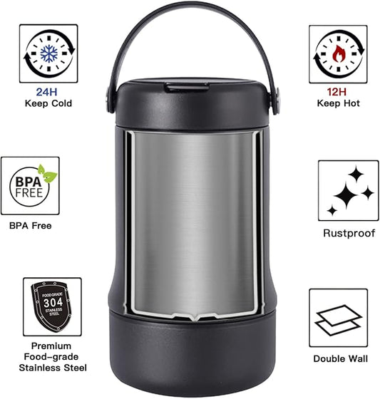 Ideus 20 oz Insulated Soup Thermo with Foldable Spolk and Bowl, All-in-one Stainless Steel Vacuum Thermal Food Jar for Lunch, Leakproof Bento Lunchbox Portable Soup Container, Black