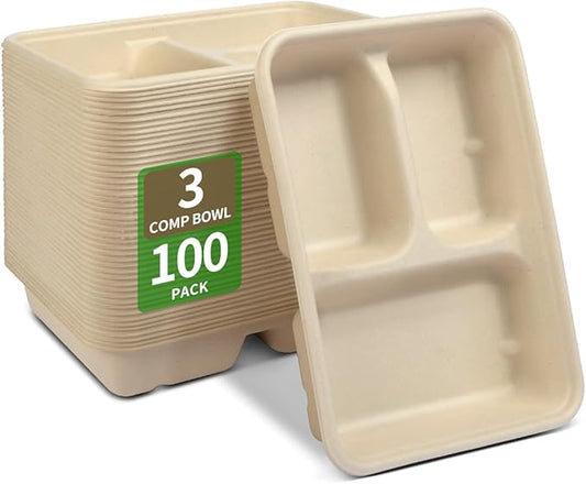 Bloomoom 100 Pack 3 Compartment Paper Bowls, Deep Disposable Lunch Trays with 3 Compartment, Microwavable for Food Services at Party, Church, Food Court