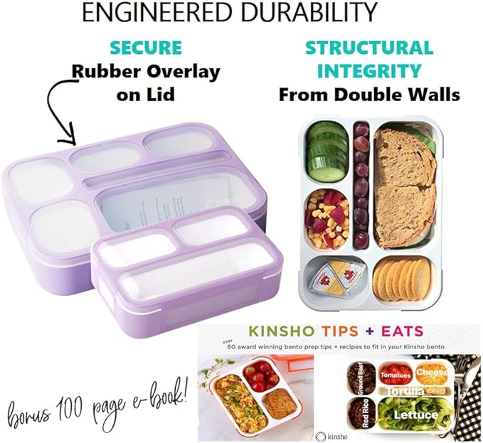 Bento Lunch-Box and Snack Container Set for Kids, 6 and 3 Compartment Boxes Leakproof School Bentos Meal Portion Control Containers BPA Free, Boys Girls Adults, Purple Lilac Large + MINI 2 pack