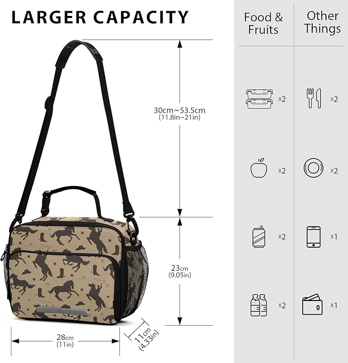 Pfrewn Lunch Box for Kids School Students Wild West Cowboy Horses Insulated Lunch Bag with Shoulder Strap for Office Adults Reusable Cooler Bags Lunch Tote for Girls Boys Teens