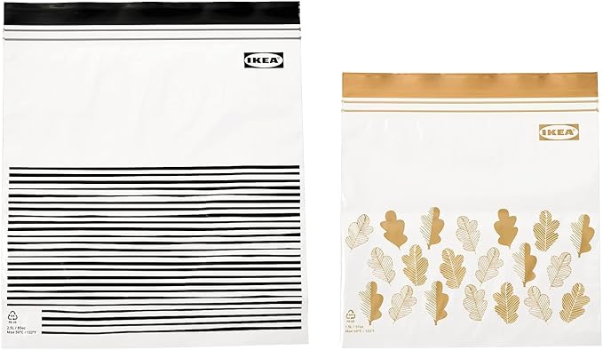 Ikea ISTAD Medium Reusable Food Bags with Double Seal, 1.2 & 2.5 Litres, Black Striped/Yellow Leaf - Set of 100 Bags