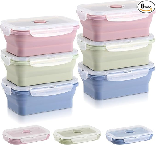 Mifoci 6 Pcs Silicone Food Containers 18.6 oz Collapsible Storage Containers with Airtight Lids Stacking Meal Prep Lunch Leftover Food Fruits Storage Foldable Box for Freezer Microwave Dishwasher Safe