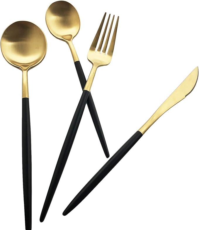 Silverware Set, Hand polished Matte Gold Black Flatware Cutlery Set Service for 2, Satin Finish 10 Pieces 18/10 Stainless Steel Utensils Set for Home and Restaurant, Dishwasher Safe