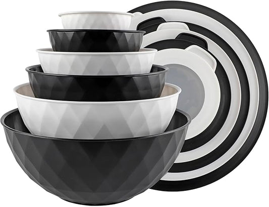 COOK WITH COLOR Mixing Bowls with Lids - 12 Piece Plastic Nesting Bowls Set includes 6 Prep Bowls and 6 Lids, Non Slip Bottom and Diamond Design - Microwave Safe (Mint)
