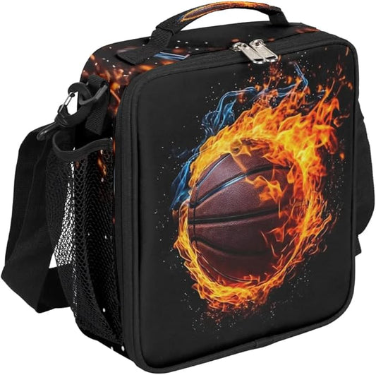 Lunch Box for Kids Boys Girls Sports Basketball Fire Kids Lunch Bag Insulated Lunch Bag Tote with Adjustable Shoulder Strap Teens Lunchbox Cooler School Picnic