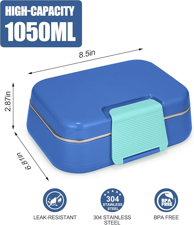Stainless Steel Lunch Box Leakproof 1000ml Bento Box with 3-Compartment Removable Tray, Eco-Friendly Food Container for Kids & Adults, Office, Travel, BPA Free (Blue)