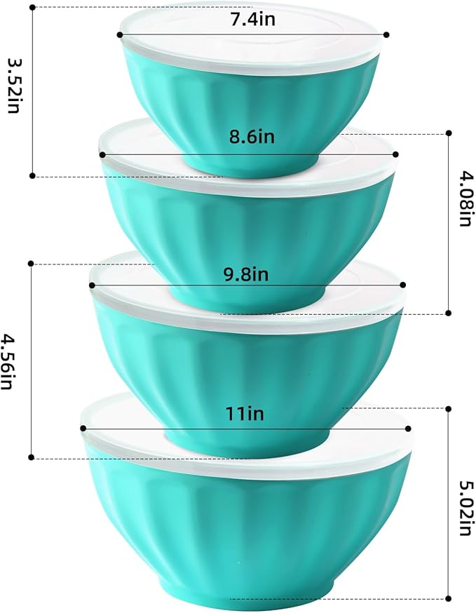 Plastic Mixing Bowls,Serving Bowls with Lids Set for Kitchen Mixing,Storage Food, 4 Bowls 4 Lid 1Egg Whisk,Fruit Containers,Refrigerator, Dishwasher, Microwave safe,Blue